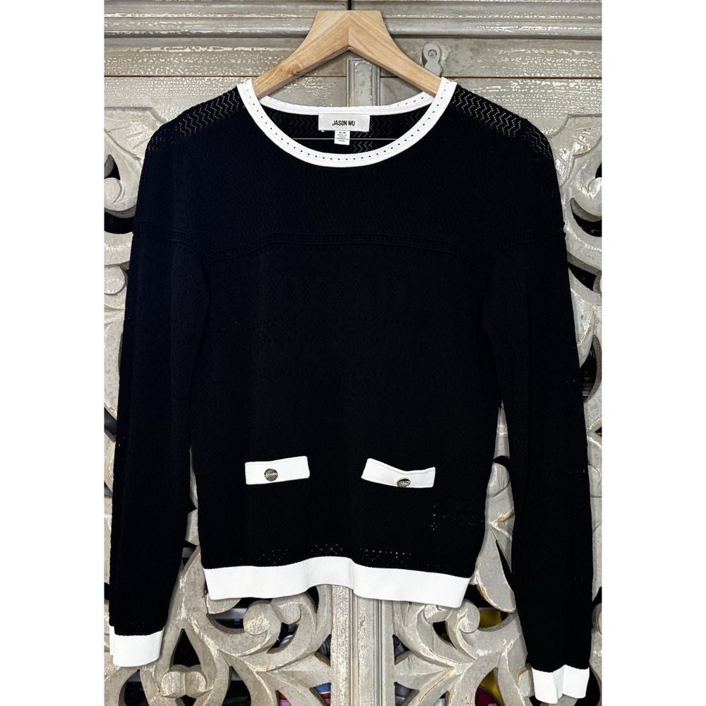 Jason Wu Women's M Black White Pointelle Knit Sweater Logo Buttons Preppy